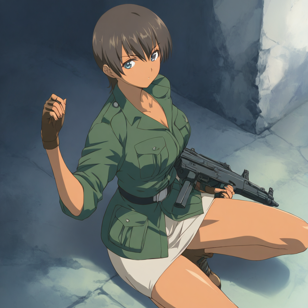 masterpiece,1girl,solo,looking at viewer,<lora:Aki_Kobayakawa ag4o v1:1> aki_kobayakawa, brown hair, short hair, dark skin, blue eyes,military uniform,skirt,fingerless gloves,submachine gun,