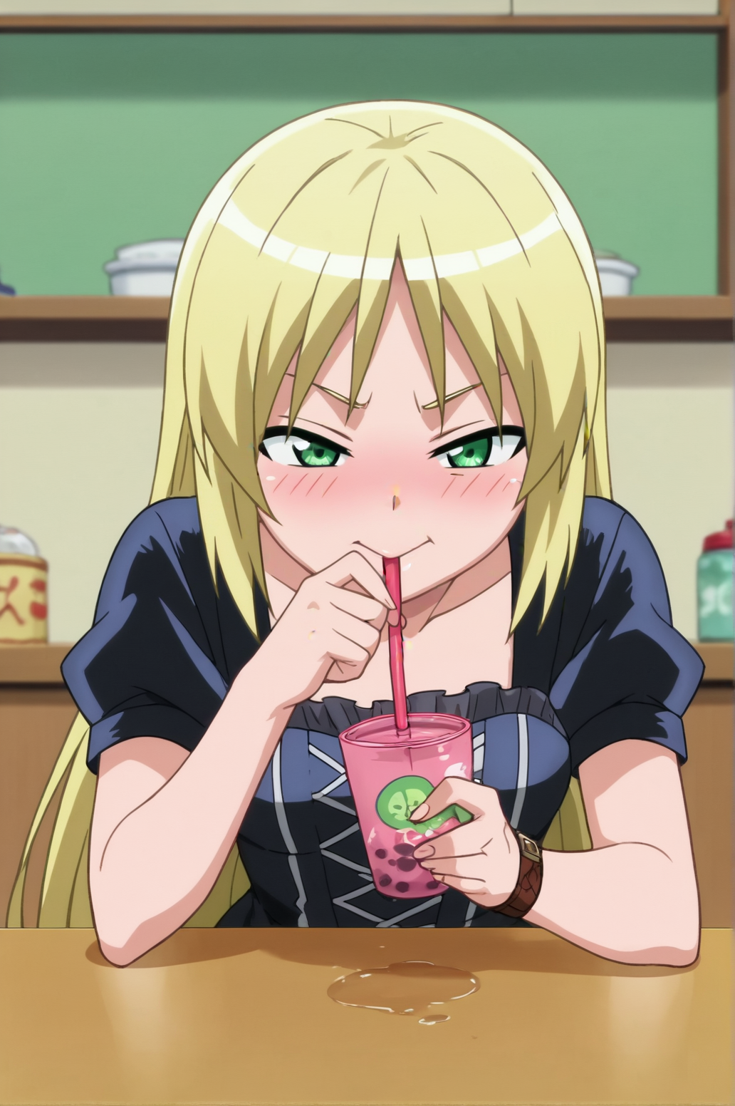 score_9, score_8_up, score_7_up,anime_source, source_anime, best background, detailed background, anime screencap,  Kuroi Sena, indoors, blush, horny, naughty face, drinking, buble tea, <lora:JN_Kuroi_Sena:0.8>
