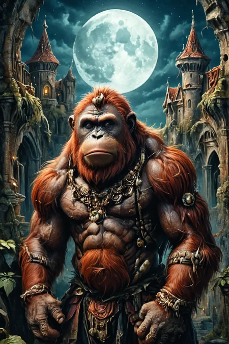 Detailed digital portrait of an anthro Orangutan at a Dilapidated castle in eerie moonlight, <lora:xl_more_art-full_v1:0.5>,  <lora:The_Crazy_Style:0.7> <lora:anthro_muscular:0.7>