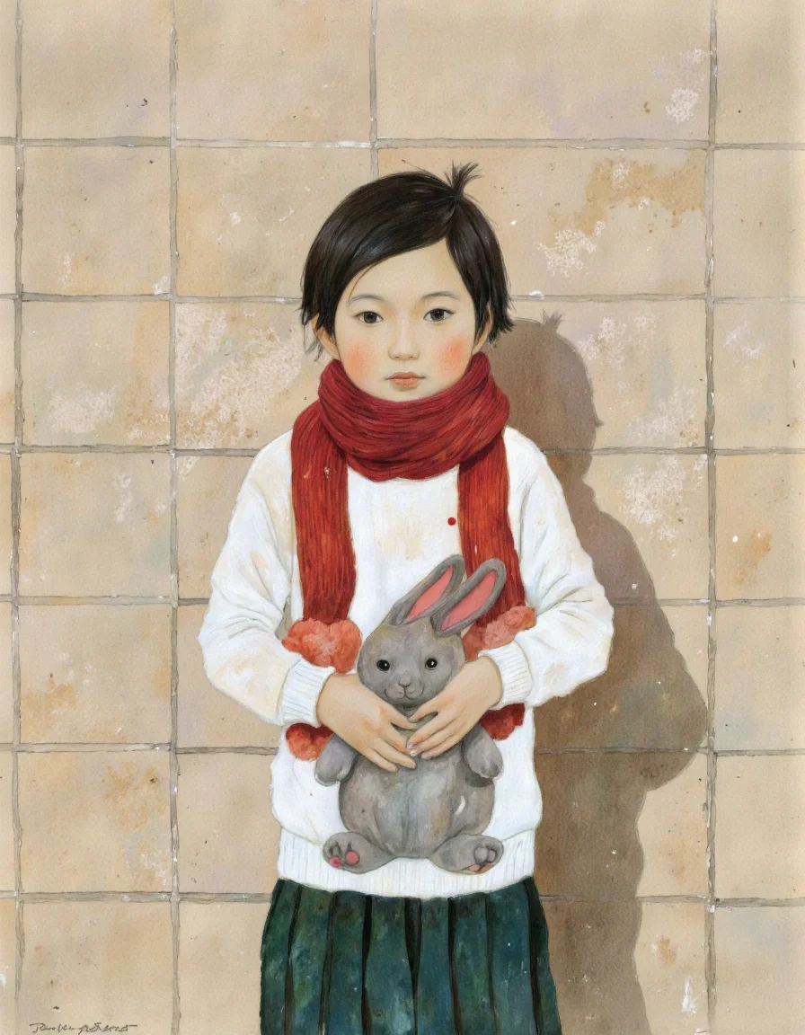 By Taiyo Matsumoto. A digital illustration shoot from a front camera angle about a girl standing against a tiled wall, holding a stuffed animal, in an indoor setting. the image also shows a young asian woman with short black hair, wearing a white sweater with red pom-poms, a red scarf, and a green pleated skirt, standing in the middle of the image. she has a neutral expression and is looking directly at the viewer. her hair is styled in a short hair style, and she has black eyes. her body is slim and she is wearing a green skirt. she is holding a grey rabbit in her hands. the woman's shadow is cast on the wall behind her, creating a sense of depth and dimension. the background is a beige tiled floor with a neutral color palette, and the image has a watermark in the top right corner that reads "mangareadernet". <lora:Taiyo_Matsumoto-000008:1>