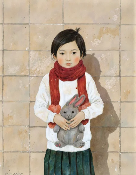 By Taiyo Matsumoto. A digital illustration shoot from a front camera angle about a girl standing against a tiled wall, holding a stuffed animal, in an indoor setting. the image also shows a young asian woman with short black hair, wearing a white sweater with red pom-poms, a red scarf, and a green pleated skirt, standing in the middle of the image. she has a neutral expression and is looking directly at the viewer. her hair is styled in a short hair style, and she has black eyes. her body is slim and she is wearing a green skirt. she is holding a grey rabbit in her hands. the woman's shadow is cast on the wall behind her, creating a sense of depth and dimension. the background is a beige tiled floor with a neutral color palette, and the image has a watermark in the top right corner that reads "mangareadernet". <lora:Taiyo_Matsumoto-000008:1>