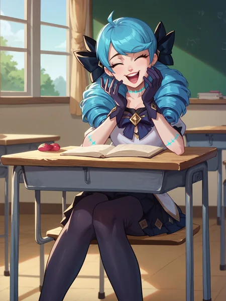 score_9, score_8_up, score_7_up, score_6_up, score_5_up, score_4_up, anime screencap,
1girl, gwen <lora:gwen_(lol)-PD-1.0:1>,
cheeky, laughing, school uniform, classroom, sitting