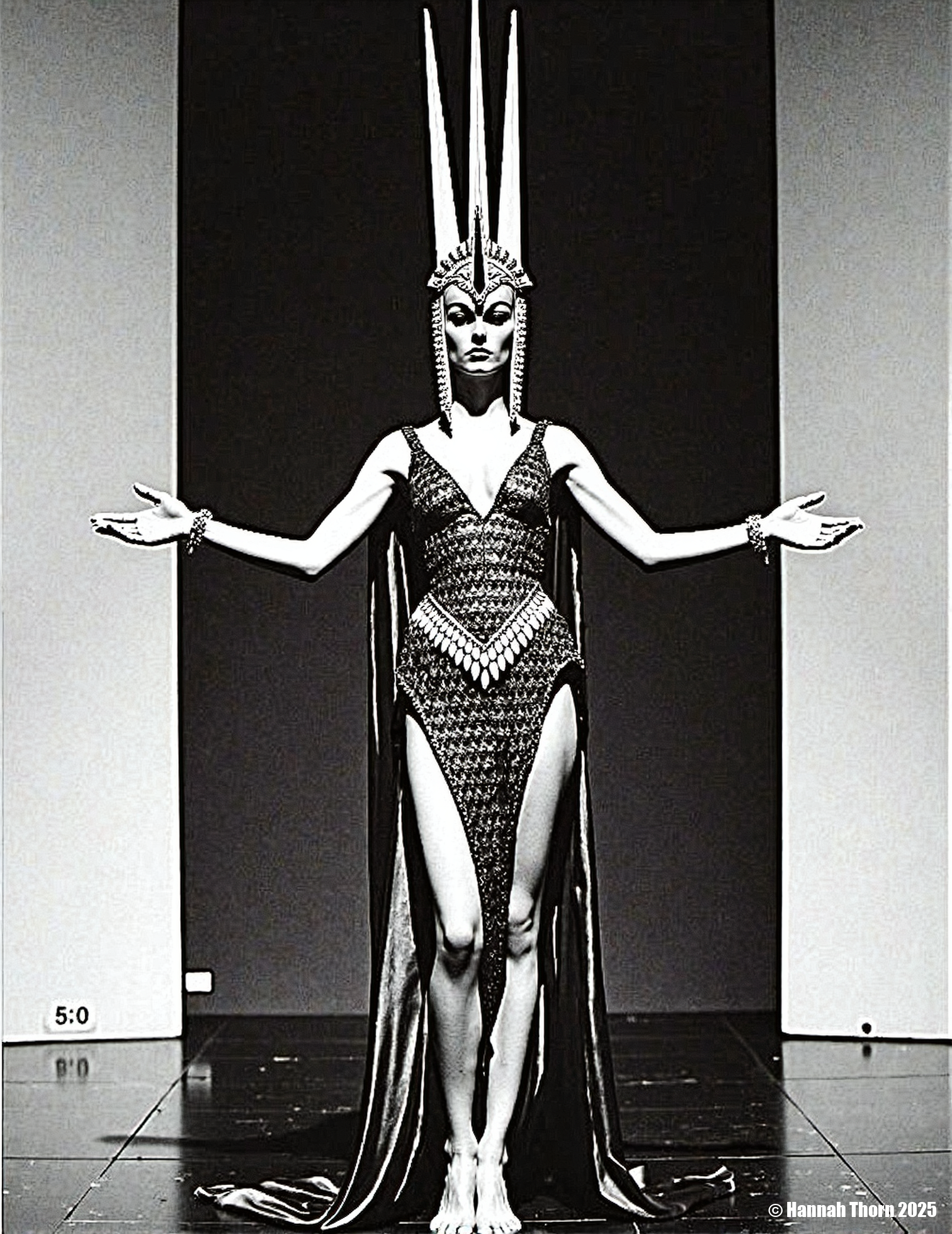 Generate a black and white full-shot photograph, reminiscent of Helmut Newton and Peter Lindbergh, featuring a barefoot woman in an ornate costume: a tall, three-pronged headdress, a long patterned dress with scale-like detailing at the waist, and a flowing cloak.  Her arms are outstretched on a raised platform against a stark, dark background. Employ a high-contrast monochrome palette with dramatic chiaroscuro lighting, à la Caravaggio, emphasizing texture and depth.  The image should possess the sharp focus and photojournalistic style of Henri Cartier-Bresson, with a number subtly visible in the bottom left corner.  The overall aesthetic should evoke a blend of  classical portraiture and avant-garde fashion photography, capturing both elegance and power. <lora:_Flux\_Photographer\Helmut_Newton-000001.safetensors:0.85:0.85>