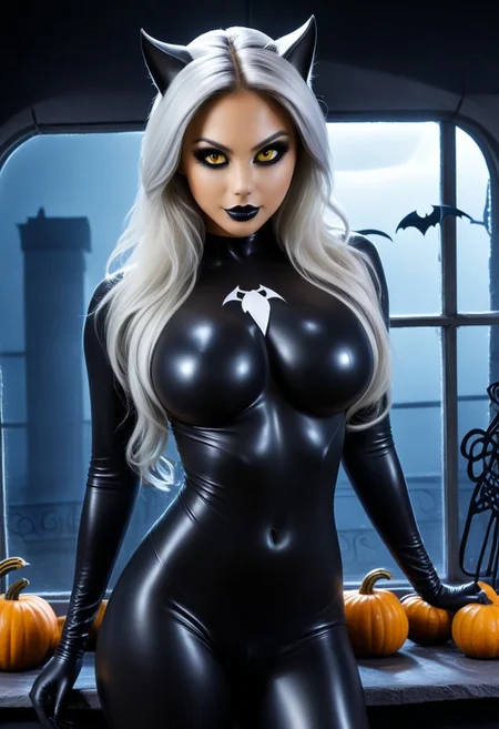 halloween, halloween theme, decorated bar, pumpkins, ghost, jack'o'lantern, bat, bats, ghosts, spiderweb, big spiders, foggy, night, lightning, window, Cambodian woman, asian features, long hair, huge boobs, massive breasts, small waist, fitness body, toned muscle, wide hips, An extreme photorealistic upper body shot of a cat girl with mesmerizing golden eyes and slit pupils. She has long, flowing two-tone hair, white and black, with striking, unrealistic beauty. Her black lips curve slightly to reveal sharp fangs, and her long fingernails are a key feature of her sleek cat suit. Include tiny imperfections like pores, faint freckles, and slight skin texture variations to add realism. Realistic lip texture with soft lines, slight gloss, and natural color variation. Realistically detailed tear ducts, slightly moist, enhancing the natural appearance of the eyes. Faint, barely visible veins under the eyes, adding depth and authenticity to the skin. Individually rendered eyebrow hairs with natural variation in direction, length, and thickness. Variation in hair strand thickness, with some thinner and finer than others. Detailed texture on the cat suit, showing the weave or material pattern, such as leather, spandex, or velvet. Shadows that move with the character, responding to her position and the light source accurately, 28 YEARS OLD, wrinkles, cat girl, crystal, gem, sparkle, YELLOW EYES, CAT EYES, catgirl, big eyes, black bodysuit and small mask, Symbiote Suit.