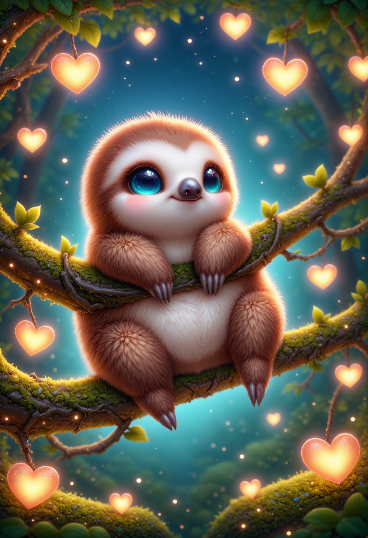 A cute sloth with light brown fur and adorable dark eye patches, dangling lazily from a heart-shaped tree branch covered in teal moss. Little glowing fireflies shaped like hearts hover in the twilight background. (incredibly absurdres, ultra-detailed, CG, unity, 8k wallpaper), (masterpiece), pinkchibivalentine, <lora:PinkieChibiValentineSDXL:1>,