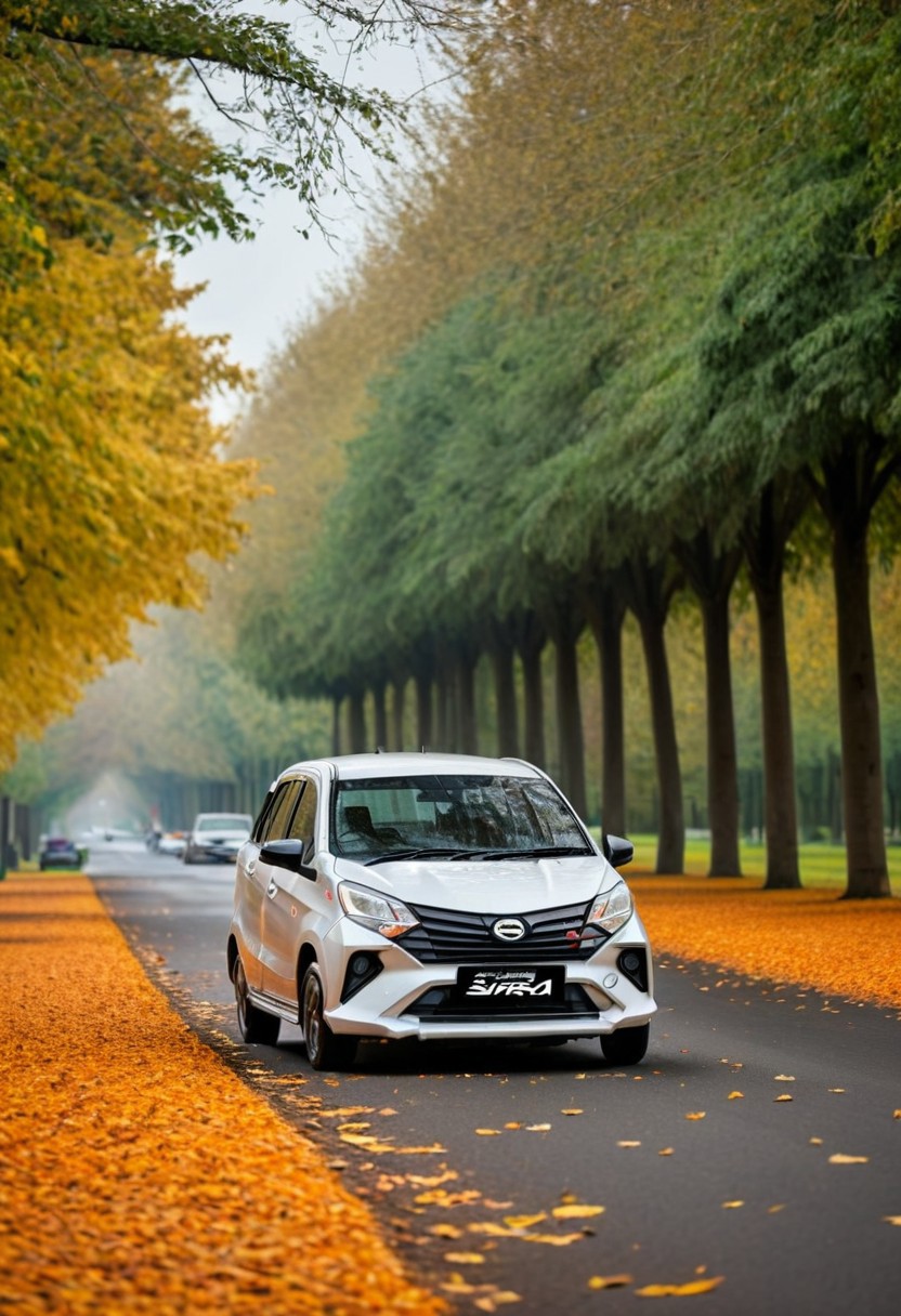 high resolution, best quality, Car, Daihatsu Sigra, Autumn, tree-lined avenue, falling leaves,