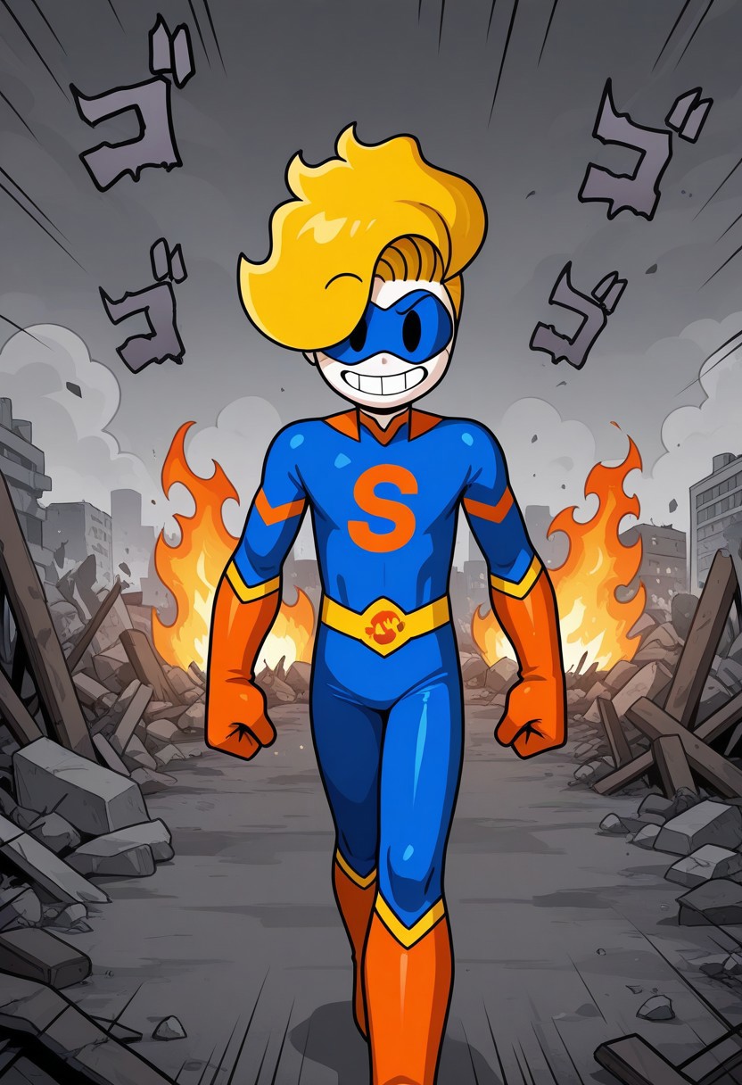 score_9, score_8_up, score_7_up, masterpiece, best quality, amazing quality, Bryson_(Haminations), 1boy, solo, blonde hair, black eyes, pale white skin, Super_Bryson, superhero costume, eye mask, menacing, evil, grin, evil grin, destroyed city, fire, looking at viewer, blood, grey smoke in sky, rubble on ground, corpses, walking towards viewer