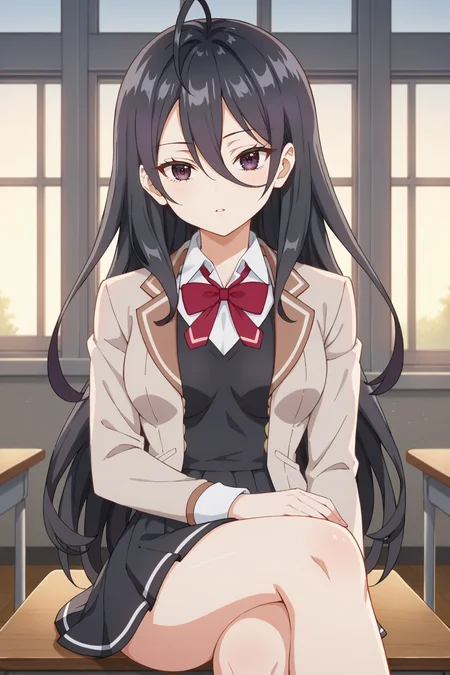 score_9, score_8_up, score_7_up, source_anime, 1girl, prefect lighting, very aesthetic, intricate details, highly detailed background, masterpiece, high quality, prefect hands, best quality, solo,
<lora:Ayano_Kimishima_Roshidere_V1:.85>, KJOayano, black hair, dark purple eyes, long hair, ahoge, hair between eyes,
school uniform, beige open jacket, black skirt, white collared shirt, black vest, red bowtie,
sitting on desk, crossed legs, expressionless, parted lips, head tilt, looking at viewer, blush,
classroom, evening, sunset,
(Beautiful, medium Breasts:1.2), natural breasts,