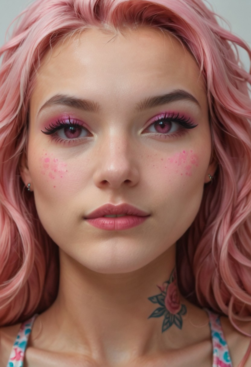 (aerial perspective), The image features a person with intricate asian face tattoos, wearing a brightly colored, patterned outfit, and accessorized with vibrant, multi-colored jewelry. The overall color scheme is dominated by shades of pink and blue, giving it a striking and artistic appearance,
