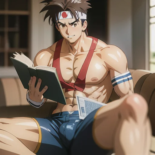 JoeHigashi , man orange shorts, white headband, (anime style:1.5), reading a book <hypernet:samdoesartsHypernetwork_v422500Steps:0.058> <lora:higashiKOF_1:1>