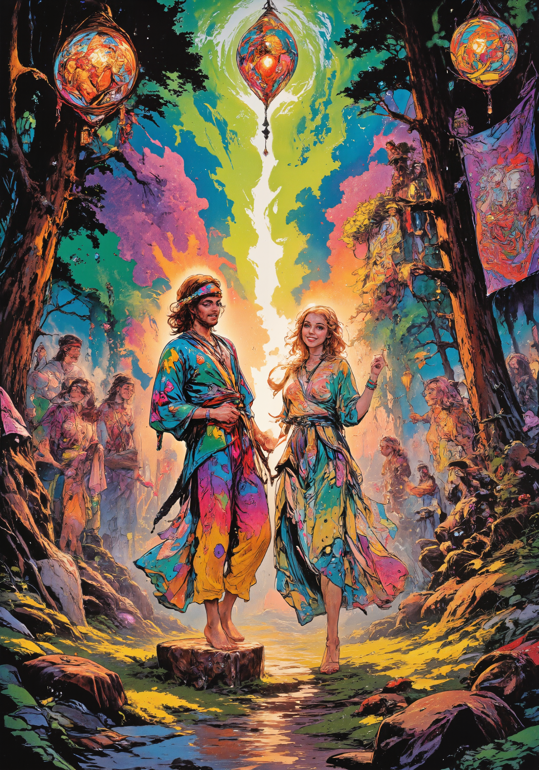 A vibrant, psychedelic illustration depicting a serene forest clearing filled with free-spirited figures adorned in flowing tie-dye kimonos, feathered headbands, and beaded necklaces. Peace signs glow softly on weathered leather satchels, while oversized sunflowers and geometric mandalas bloom across patchwork tapestries strung between ancient trees. The scene radiates warm golden-hour light filtering through stained-glass lanterns, casting prismatic patterns on laughing faces framed by wild curls and daisy chains. Ethereal wisps of incense smoke curl around bare feet dancing on mossy stones, blending with swirling skies painted in neon greens and cosmic purples. Stylized as a retro 1970s concert poster with bold ink outlines, watercolor textures, and halftone effects, emphasizing communal joy and mystical unity with nature. 8k resolution, intricate bohemian patterns, masterful balance of chaotic energy and harmonious composition. <lora:RM_Nudify_v0.7M:0.6> <lora:RM_Nudefix_v0.8M_R16:0.9> <lora:flux_concept_plump breasts:0.8> <lora:NSFW_master:0.8> <lora:breast-size2:0.2> <lora:Vintage comic book:0.8> <lora:Liquid_Clothes_v2:0.2> <lora:zyd232_Ink_Style_Flux1D_v1_1:0.7> <lora:flux_dev:1>