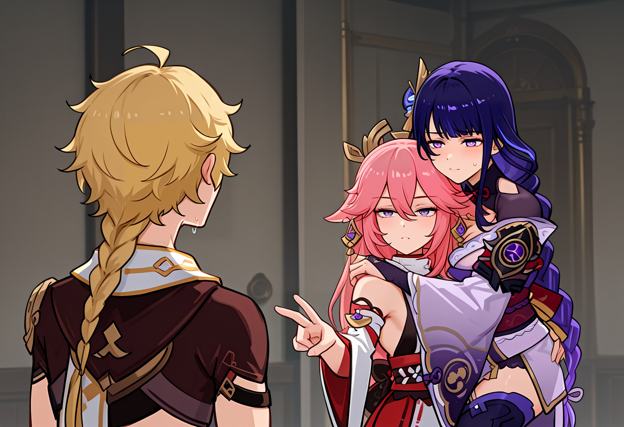 (masterpiece, high quality, amazing detail), highres, 2girls, 1boy, genshin impact, yae miko, aether \(genshin impact\), raiden shogun, protected kevin hert (meme), <lora:protected_kevin_hert_husband_of_hollywood:0.9>