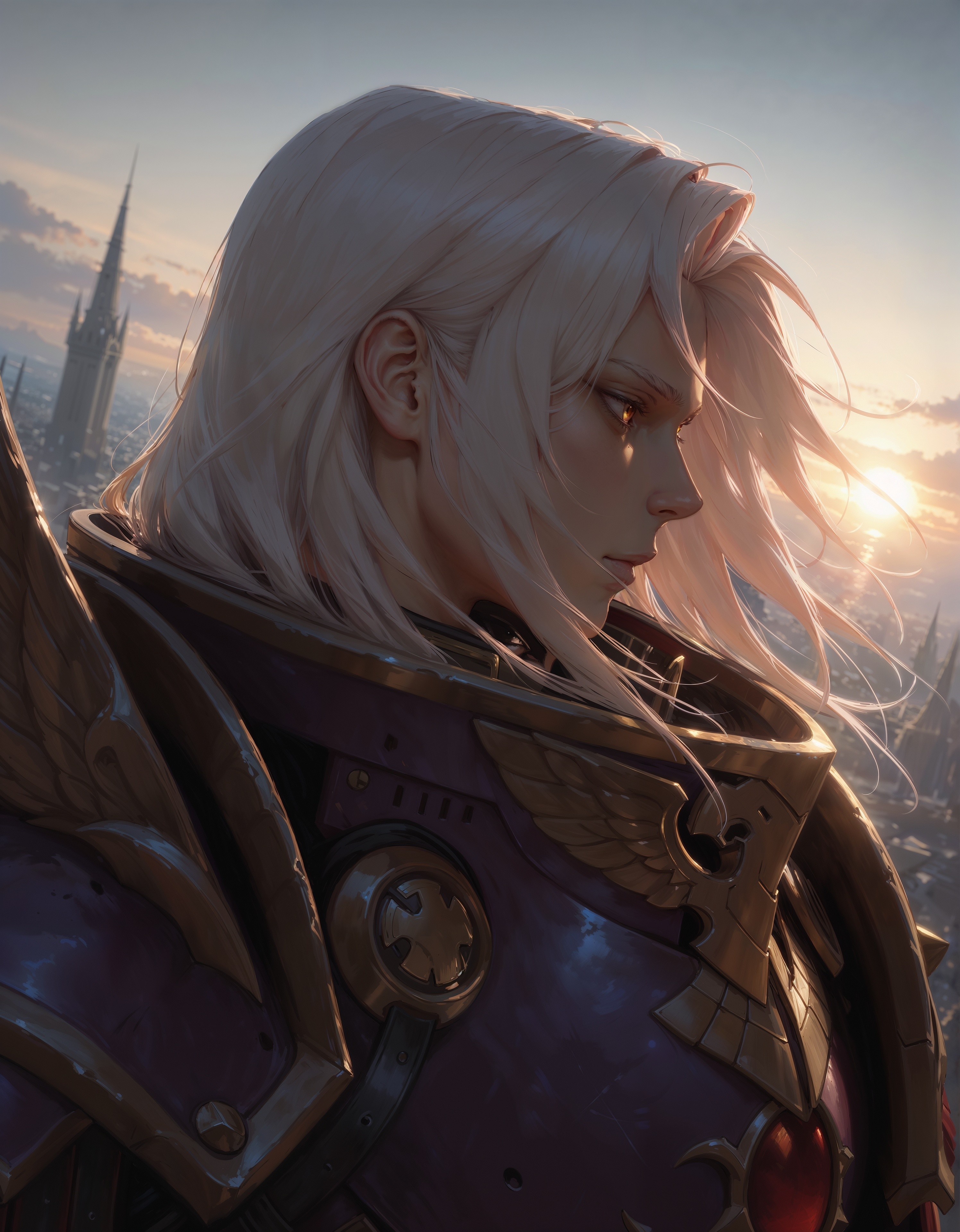 masterpiece, best quality,high quality, newest, highres,8K,HDR,absurdres, iLLFulgrim40k, 1boy, solo, armor, close up, dutch angle, from_side,from_above, photorealistic <lora:iLLFulgrim40k:1>