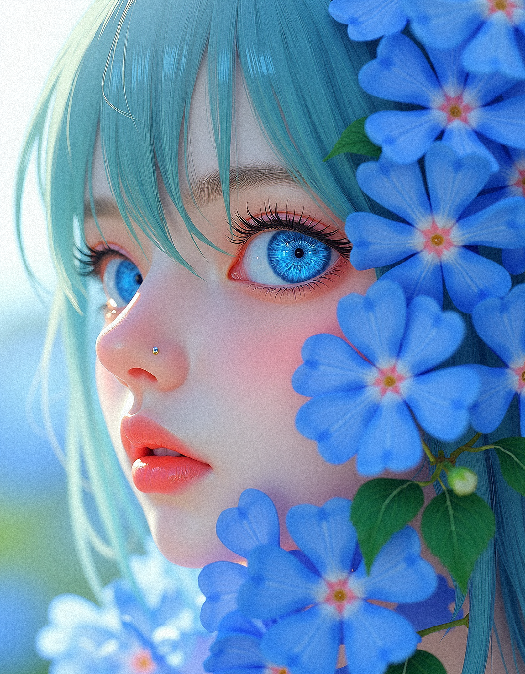 Envision a delicate anime-inspired portrait of a character with pastel blue and green hair, whose face is partially enveloped by a cascade of blue flowers. Their single visible eye, a stunning shade of blue, reflects intricate gem-like patterns that add a fantastical, otherworldly quality. The flowers, blooming in a gradient of blue shades with subtle accents of pink and white, seem to be a natural extension of the character, as if they are a part of them. Set against a soft, blurred background, the flowers and skin textures are emphasized, bringing out the ethereal and dreamlike essence of this fusion between human and nature.

Visual Aesthetics to Enhance Photorealism:
Slight lens flare to suggest natural light.
Veined, realistic leaf textures.
High-resolution details on flower pollen.
Accurate depiction of skin’s micro-textures.
