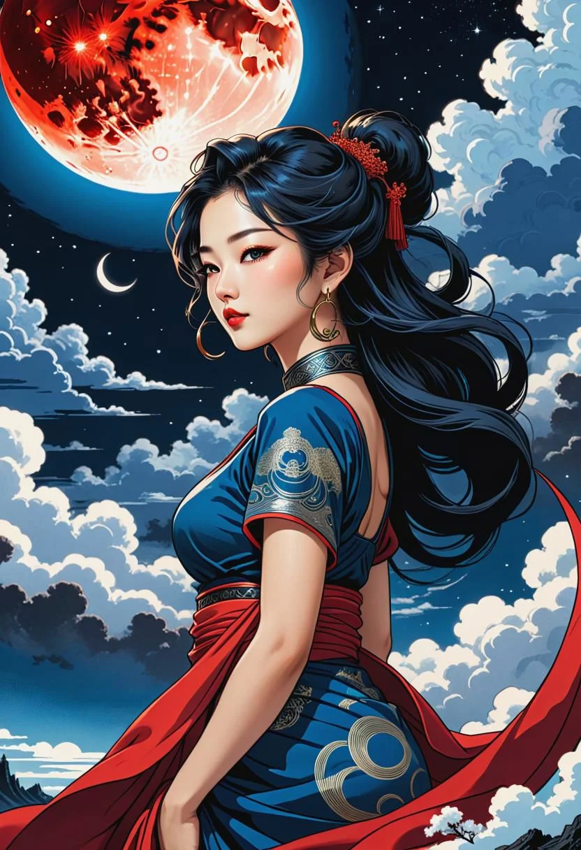 Close-up, best quality, 8K, HDR, RGB, Linocut, dreamy, night sky with crescent moon, celestial bodies, simplistic style, Katsuya Terada style, concept art of Niv (Asian kombucha goddess), red, blue and black color scheme, billowing clouds, quality HD, artistic printing on clothes.
Art by Guwiez, Hikozo Ito,