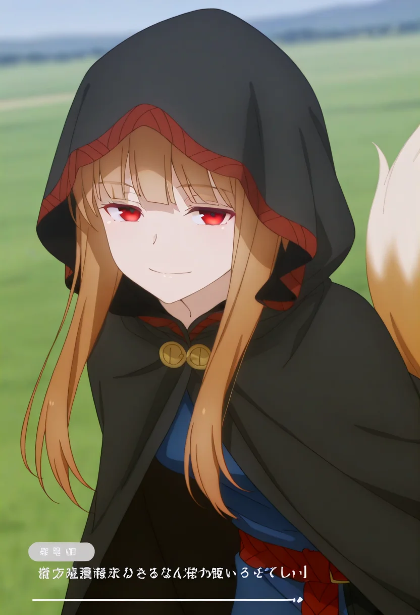 holooutfit1_cloaked, 1girl, long brown hair, bangs, red eyes, fox ears, medium breast, | hooded cloak, long black cloak, red patterned trim, braided trim, under cloak long black dress, fur trim, red belt, long sleeves, blue shirt, open vest, , beads, fox tail,
<lora:Holo_IL:1>,
(Character)score_9,score_8_up,score_7_up,very aesthetic,source_anime,detailed,high quality,beautiful,masterpiece,detailed eyes,field,blurry background,pose dynamic angle,upper body,cowboy shot,light smile,floating hair,half-closed eyes,hands behind back,leaning forward,looking forward,looking at viewer.