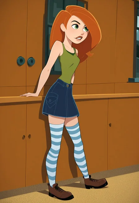 score_9, score_8_up, score_7_up, score_6_up, score_5_up, score_4_up, BREAK,
1girl, solo, striped, thighhighs, green eyes, skirt, striped thighhighs, long hair, denim skirt, tank top,