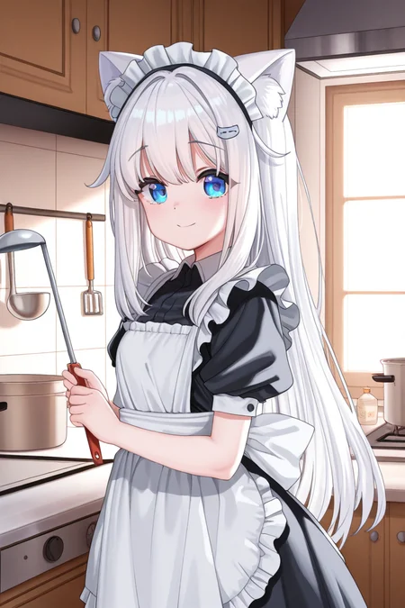 masterpiece, best quality, amazing quality,
<lora:Hayama_IL:1> hayamasalt, 1girl, solo, apron, animal ears, blue eyes, long hair, smile, hair ornament, indoors, ladle, white hair, kitchen, looking at viewer, maid, cat ears, bangs, closed mouth