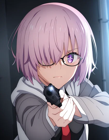 masterpiece, best quality, newest, absurdres, highres, safe,, <lora:mash-kyrielight-babylonia-s1-ponyxl-lora-nochekaiser:1>, mash kyrielight, short hair, purple eyes, pink hair, hair over one eye, glasses, medium breasts, anime screencap, <lora:center-axis-relock-stance-illustriousxl-lora-nochekaiser:1>, center axis relock stance, looking at viewer, holding, closed mouth, weapon, holding weapon, gun, holding gun, handgun, aiming, finger on trigger, aiming at viewer, m1911,, ,