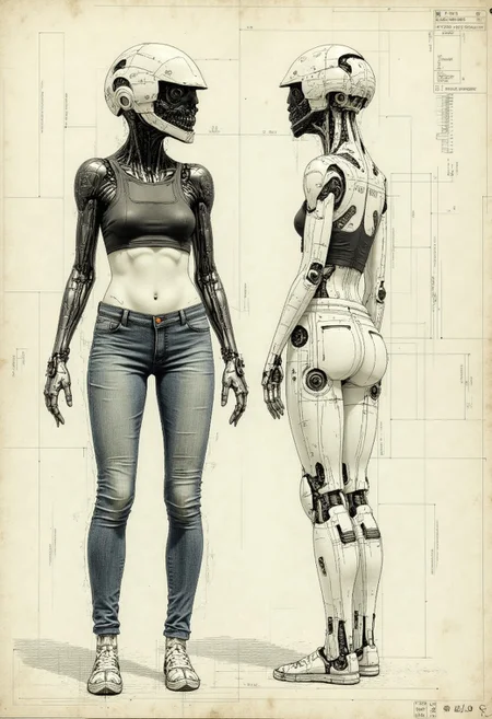 A technical CAD drawing of a Full body portrait shot, A woman who is human on the right side and cyborg on the left side of her body,  in a crop top tank top, jeans that are skin tight, partying at a rave, trying to pretend that it is human, images are taken on a polaroid disposable camera, flash photography