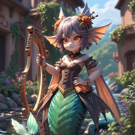 score_9, score_8_up, score_7_up,BREAK,
source_anime,kemonono
BREAK
mermaid girl,monster girl,perfect figure,narrow waist,playing the harp,big harp,in a river,body fur,scaled hands,(slit eyes),((long fin ears),(long mermaid tail),fins on hips,bright orange eyes,shining eyes,short silky hair,in a river,sharp nails,