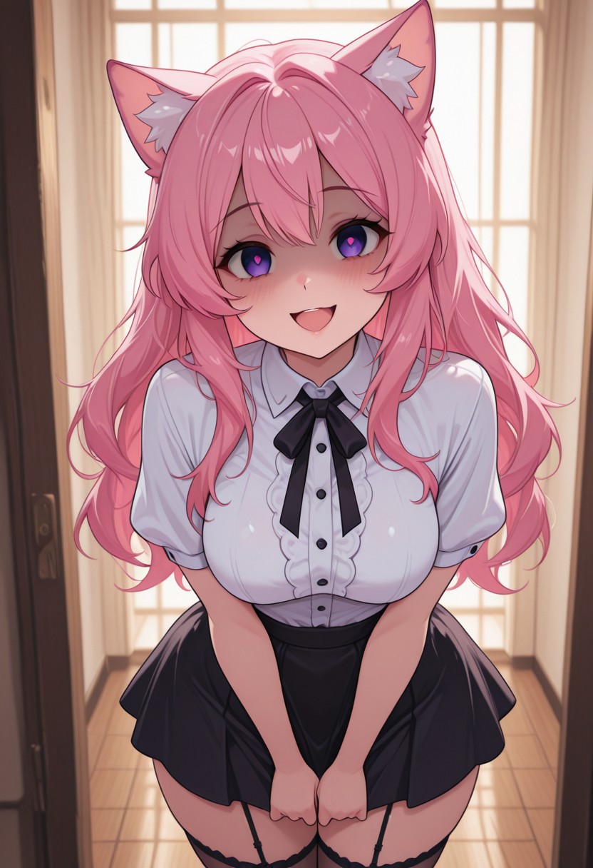 (masterpiece, best quality:1.3), purple_eyes, pink_hair, stockings, cat_ears, yandere, happy, medium breasts, loving_gaze, looking_at_viewer, BehindCatgirl, CatGirlStyle, white shirt with buttons, black skirt, presenting to viewer