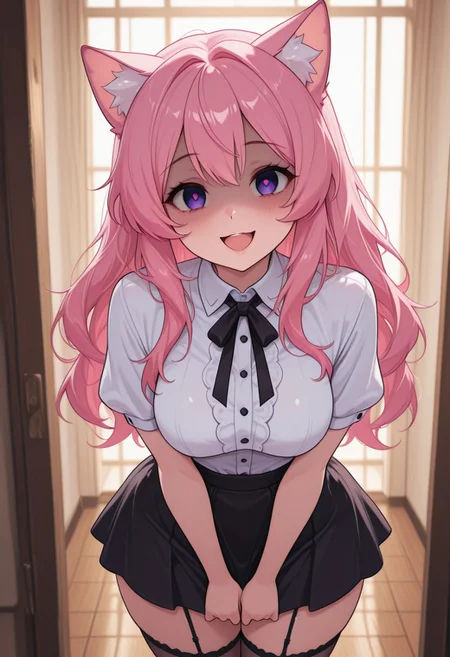 (masterpiece, best quality:1.3), purple_eyes, pink_hair, stockings, cat_ears, yandere, happy, medium breasts, loving_gaze, looking_at_viewer, BehindCatgirl, CatGirlStyle, white shirt with buttons, black skirt, presenting to viewer