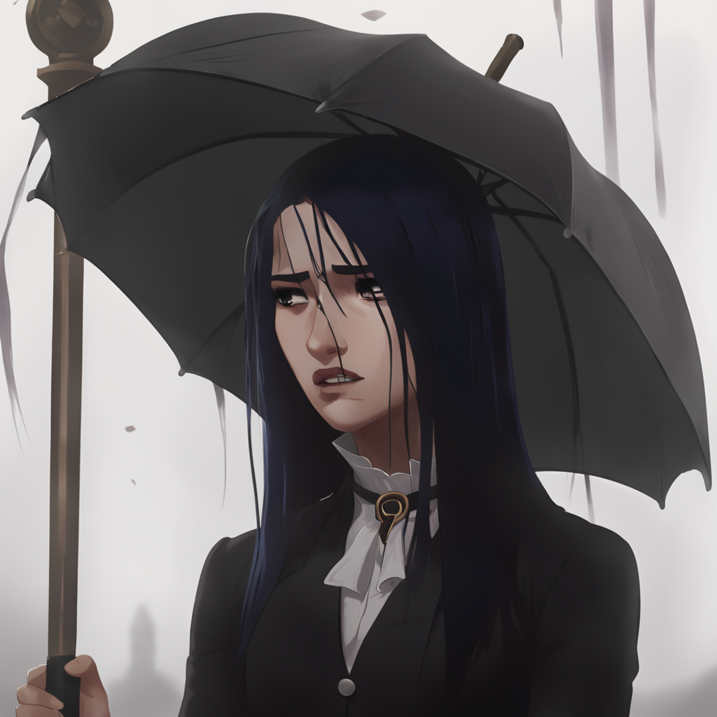 arcane, caitlyn, blue hair, 1girl, solo, long hair, bangs, black attire, black umbrella, funeral, sad, messy hair <lora:caitlyn-v2:0.75>