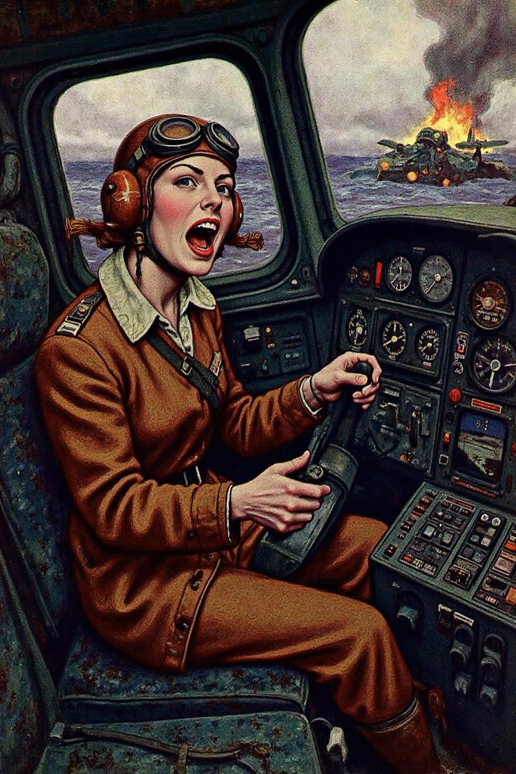 hopy1 illustration.
A female pilot screaming inside the cockpit of a World War II bomber. The pilot, wearing a vintage leather flight helmet with goggles and a bomber jacket, grips the controls with white-knuckled hands. Her face is contorted in a mix of fear and determination as she yells, her eyes wide with adrenaline. The cockpit is cramped and filled with old-fashioned dials and gauges, with the outside view showing dark stormy clouds and distant anti-aircraft fire <lora:hopy1_cap_d6a3e12:1.0><lora:826176091115880448:0>