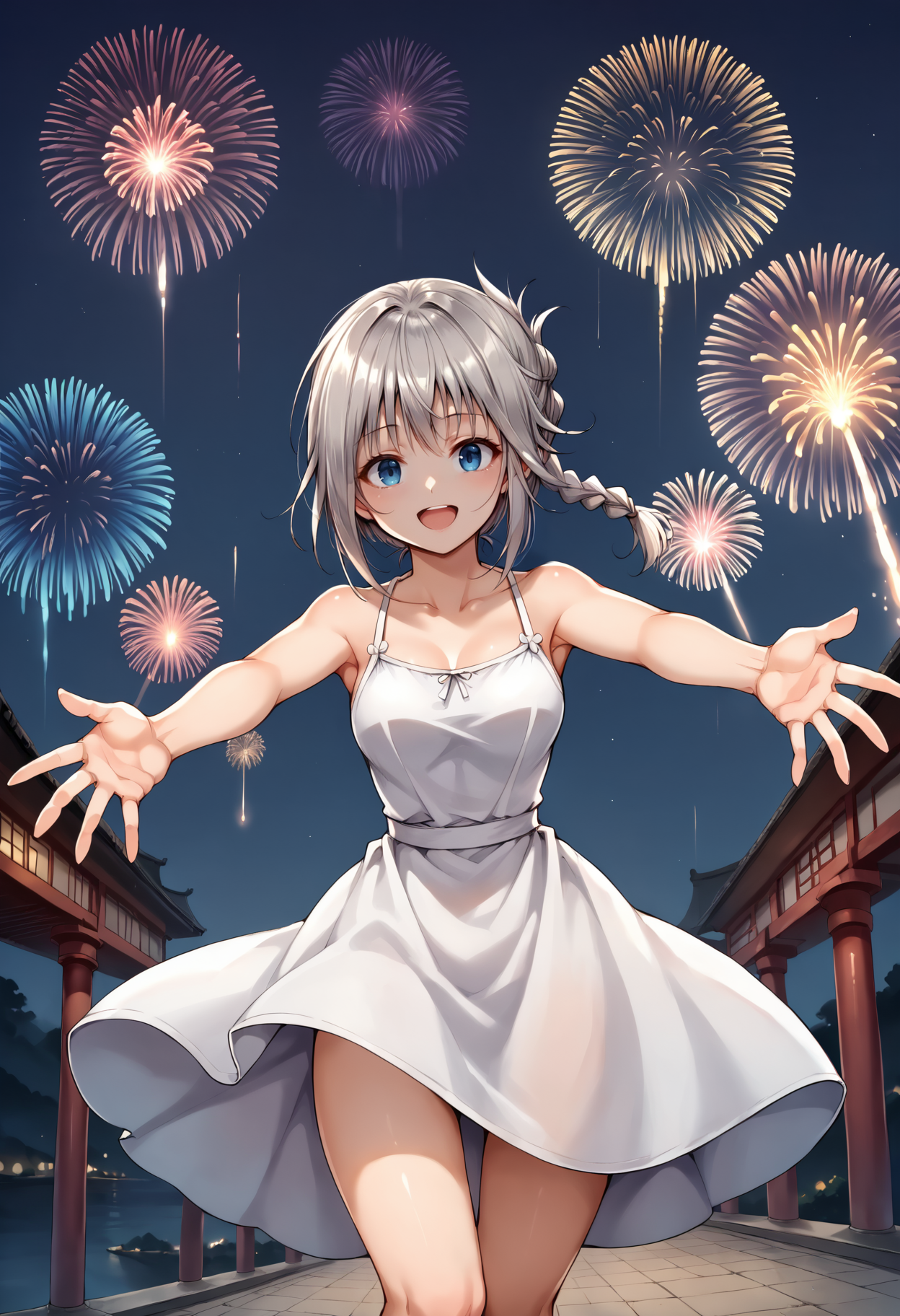 score_9, score_8_up, score_7_up, source_anime, 1girl, solo, looking at viewer, lunalie, braid, gray hair, blue eyes, sundress, white dress, (collared dress), fireworks, aerial fireworks, spread arms, outstretched arms, dutch angle, night, night sky, east asian architecture, smile, open mouth