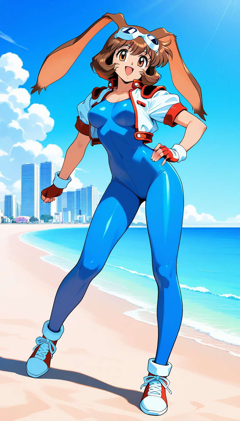 masterpiece, best quality, good quality, <lora:Makihara_Arina_IS:1>Makihara_Arina, brown hair, animal ears, goggles on head, rabbit ears, brown eyes, 1990s (style),  medium breasts,
1girl, solo, gloves,  fingerless gloves, sneakers, 
shoes, blue bodysuit, full body, smile, looking at viewer, open mouth, bodysuit, short sleeves, red footwear, cropped jacket, red gloves, bangs,
blue sky, beach, building,