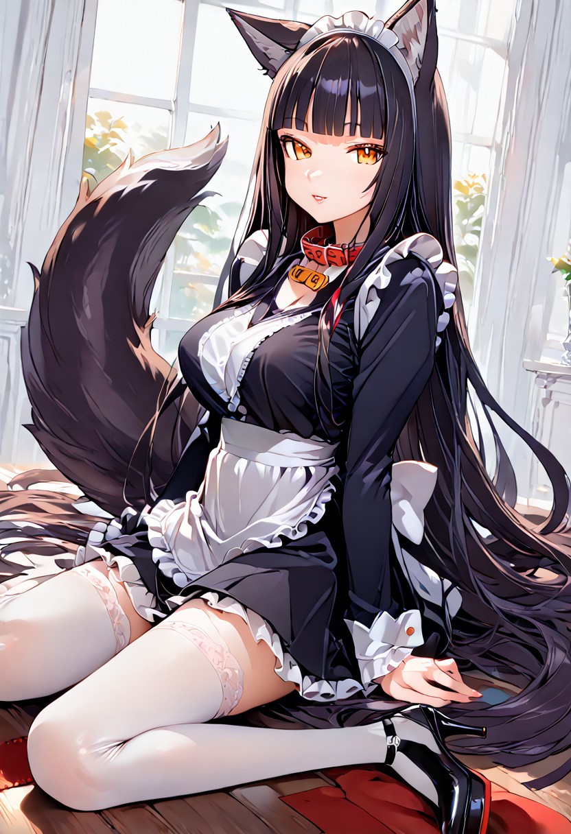 score_9, score_8_up, score_7_up, best quality, source_anime BREAK,1girl
(((hime cut hair, very long hair,wolf tail, wolf ears))), large breast,high heels,maid dress,Collar
