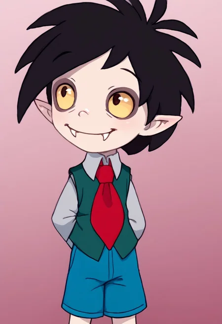 1boy, solo focus, Oskar, pale skin, Black Hair, Pointed Ears, Fangs, red necktie, vest, shorts, hands behind back, smile