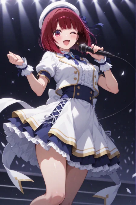 masterpiece best quality, absurdres very aesthetic, general, depth of field,intricate details, clean outline, thick lines, clear-edged_thin-outline,
((a girls singing on her last stage)), (arima kana:1.1), (oshi no ko:1.2), high-teens cute girls, ;D,
(singing on the stage in background),holding a microphone with left hand, b-komachi \(new\) white idol costume, White Beret,fulled up (white_glawing:1.3) sticks,
from front view,medium full shot,cinematic angle and shot and stage lighting, <lora:aesthetic_anime_v1s:0.6>