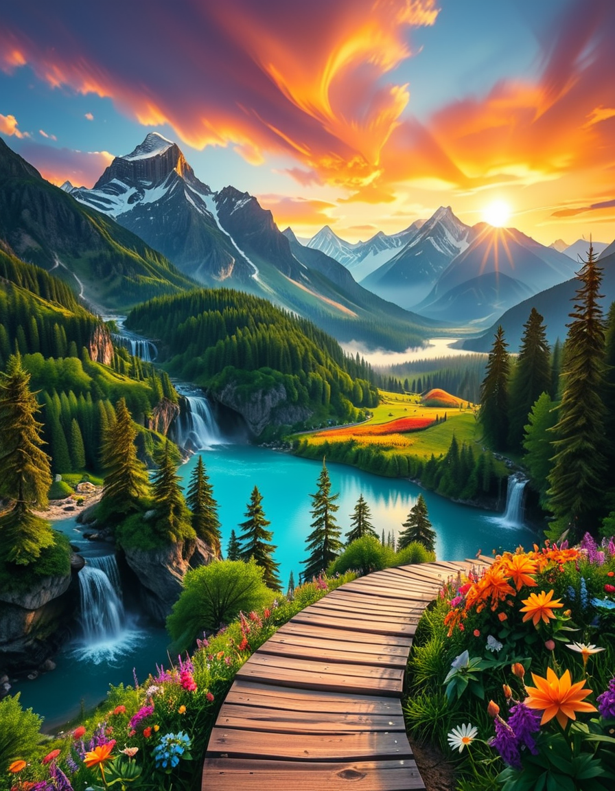 A breathtaking, high-resolution photograph of the most beautiful place on Earth, where natureâs wonders blend in perfect harmony. Towering, snow-capped mountains rise majestically in the background, their peaks glowing under the golden hues of a setting sun. Below, a crystal-clear turquoise lake reflects the colors of the sky, surrounded by lush, green forests filled with ancient trees, vibrant wildflowers, and cascading waterfalls. A soft mist rises from the valley, adding a dreamlike quality to the scene. In the distance, rolling meadows stretch toward the horizon, dotted with colorful flowers and serene wildlifeâgraceful deer grazing, birds soaring in the sky, and butterflies dancing in the breeze. A wooden footpath winds through the landscape, leading to a secluded, tranquil spot where the beauty of nature can be fully admired. The air is crisp and filled with the soothing sounds of rustling leaves, flowing water, and distant birdsong. The sky above is a masterpiece of colorsâdeep oranges, purples, and pinks blending seamlessly as the sun sets, casting a magical glow over this untouched paradise. The atmosphere is peaceful, awe-inspiring, and filled with a deep sense of wonder and tranquility, as if stepping into a perfect dream.
<lora:SDXLFaeTastic2400:0.4> <lora:extremely_detailed:0.4> extremely detailed, <lora:Earth_P4r4d1s3:1>,Earth P4r4d1s3, Masterpiece,best quality,hi res,8k,hi res,8k,award winning,(sharp focus, intricate, highly detailed),