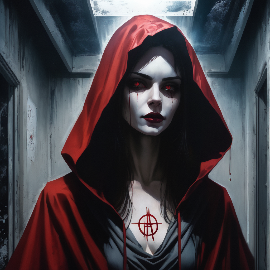 VtmArt, dark closeup portrait painting of a pretty woman wearing a hood and cloak, modern wizard, in an abandoned building, sigil on floor, <lora:VtmArt:1.3>, (masterpiece:1.3), at night