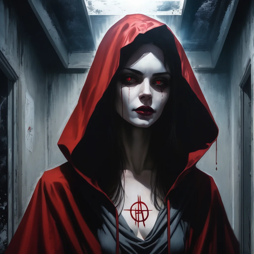 VtmArt, dark closeup portrait painting of a pretty woman wearing a hood and cloak, modern wizard, in an abandoned building, sigil on floor, <lora:VtmArt:1.3>, (masterpiece:1.3), at night