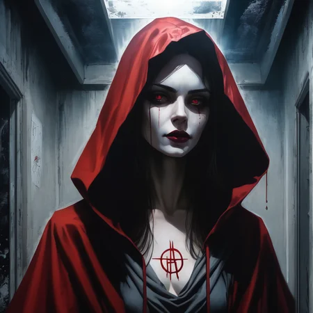 VtmArt, dark closeup portrait painting of a pretty woman wearing a hood and cloak, modern wizard, in an abandoned building, sigil on floor, <lora:VtmArt:1.3>, (masterpiece:1.3), at night