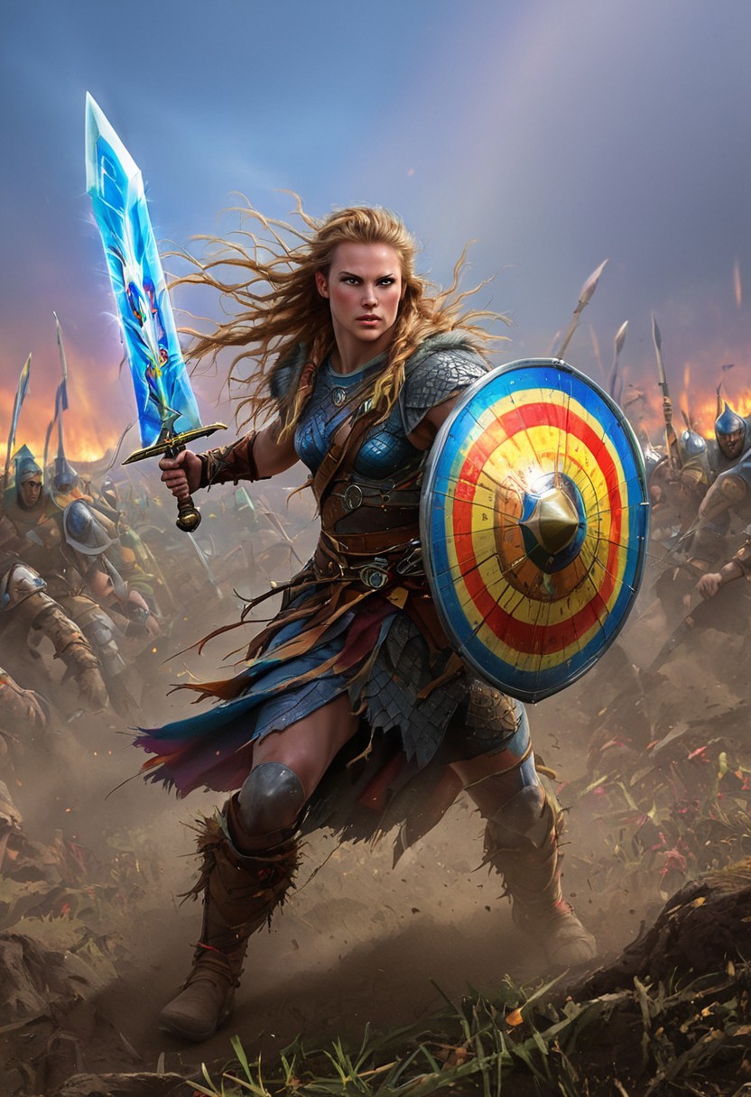 VALHERO neouv, shieldmaiden holding rainbow shield and rainbow sword while running through the battle of ragnarok