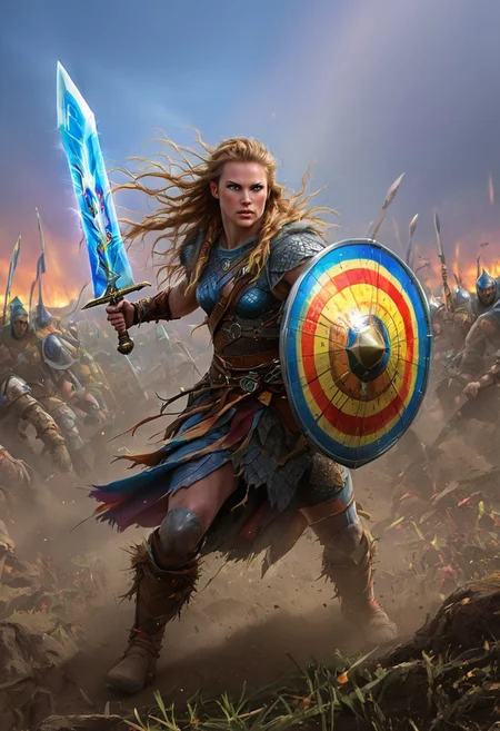 VALHERO neouv, shieldmaiden holding rainbow shield and rainbow sword while running through the battle of ragnarok