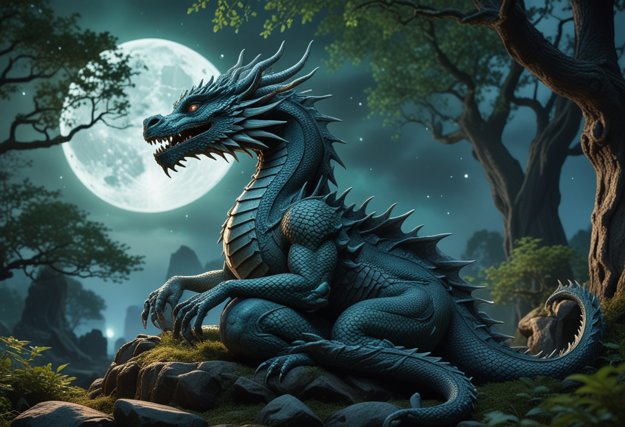 (medium full shot) of (medium shot , dutch angle) of ancient dragon meditating in a sacred grove, detailed face, located in a magical scene at a magical kingdom during full moon night with magical aurora weather, illuminated by moonlight, creating a enchanting atmosphere, Masterpiece,best quality, photo, realistic, very aesthetic,