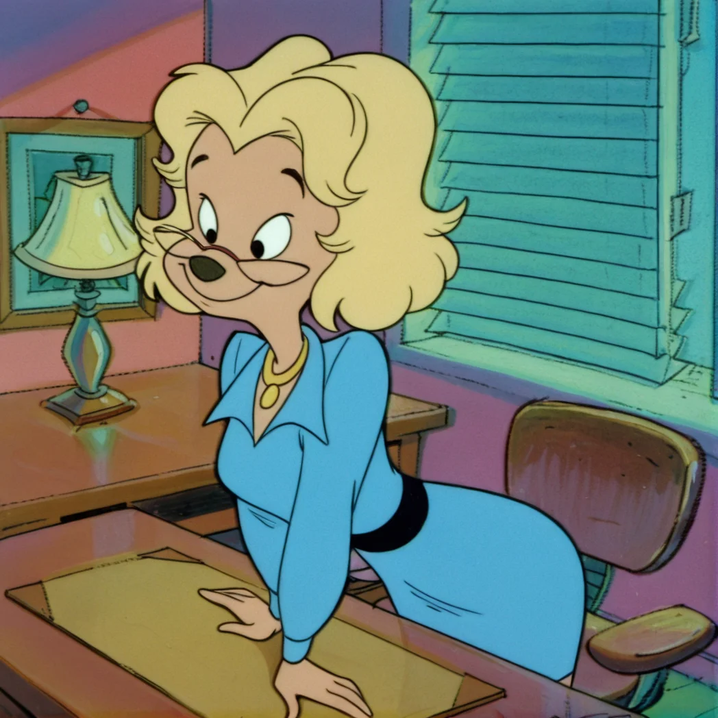 misspennypacker, 1girl, solo, smile, long sleeves, dress, indoors, desk, retro artstyle, black eyes, lamp, furry female, furry, animal nose, glasses, blonde hair, blue dress, necklace, jewelry, short hair, (masterpiece), (best quality), (ultra-detailed), amazing quality, very aesthetic, illustration, perfect composition, intricate details, absurdres, incredibly absurdres, <lora:misspennypacker_illustrious:1>