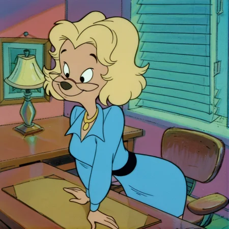 misspennypacker, 1girl, solo, smile, long sleeves, dress, indoors, desk, retro artstyle, black eyes, lamp, furry female, furry, animal nose, glasses, blonde hair, blue dress, necklace, jewelry, short hair, (masterpiece), (best quality), (ultra-detailed), amazing quality, very aesthetic, illustration, perfect composition, intricate details, absurdres, incredibly absurdres, <lora:misspennypacker_illustrious:1>