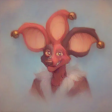 score_9, score_8_up, score_7_up, score_6_up, score_5_up, score_4_up, source_cartoon BREAK HyeheheMSMXL, red body, stitches, neck fluff, white neck fluff, 3 ears, jingle bells, jingle bells on ears, 1 jingle bell per ear, orange inner ears, yellow sclera, brown eyes, brown nose, sharp teeth, canine snout, white spade symbol on arm, spade symbol, white diamond symbol on thigh, red and white jester shoes, looking at viewer, smiling, happy, closed mouth, bust, pfp, cartoon, art by raytrac3r, toony, white pupils, digital media, thick lines, high contrast, vector BREAK best quality, 4k, 8k, 10k, 32k, HD, UHD, absurd quality, uploaded on DeviantArt