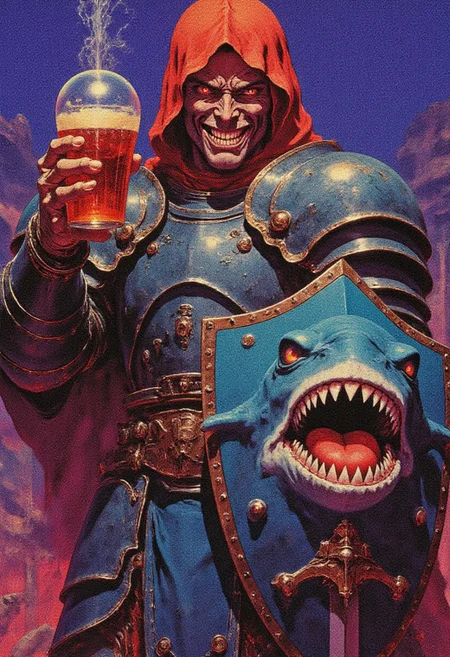 A confident Soda Dungeon warrior with red hair and a big grin, holding a large mug of soda in one hand and a shield made from a shark's head in the other. He is dressed in bright armor with scales and vibrant accents, ready for battle with an enthusiastic and determined expression., 
in the style of hauntingly atmospheric dark fantasy, VHS, horror, 80's horror with vibrant colors