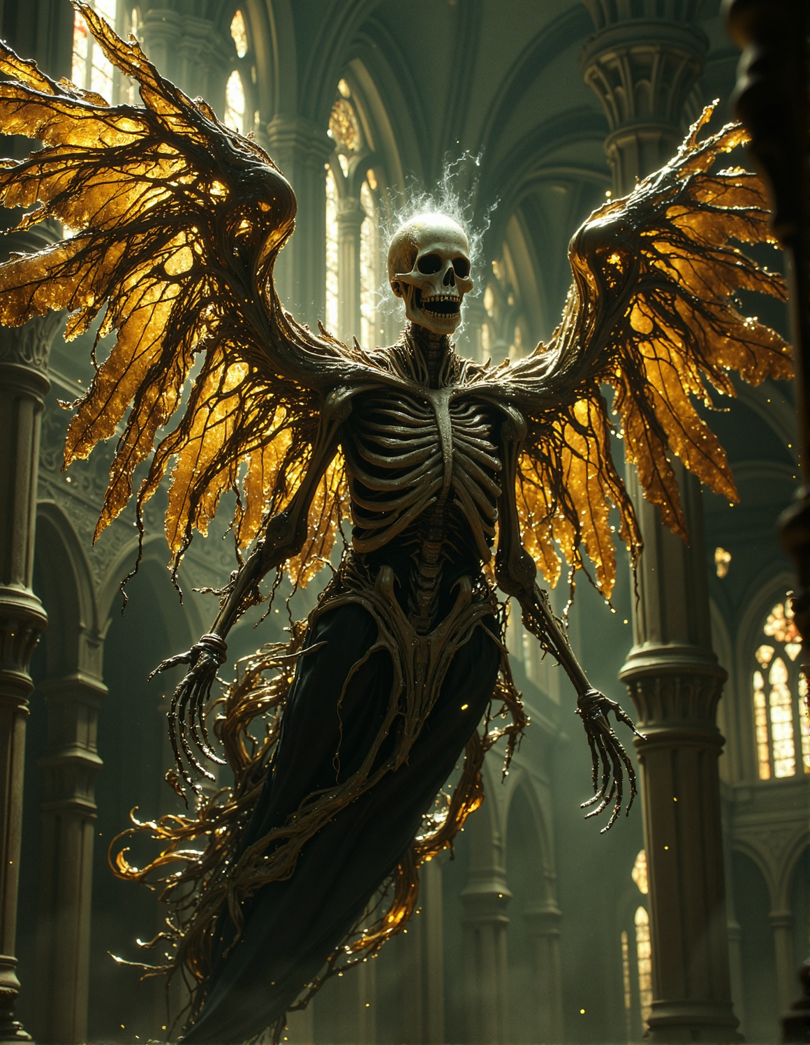 Close-up, low-angle view of a skeletal figure with large, golden wings, suspended in mid-air within a decaying cathedral. The gothic angel-like entity, made of bone and twisted roots, fills the frame, its hollow eye sockets and gaping jaw looming eerily above. The translucent golden wings extend outward, showing fine details that mimic real feathers, with veins and textures clearly visible. The background reveals hints of the cathedral's grandeurâarched ceilings, Corinthian columns, and stained glass windows, all bathed in soft, ethereal light. The scene is dominated by muted greens, browns, and golds, with a warm glow highlighting the figureâs haunting beauty, HKMagic, <lora:FantasyWizardWitchesFluxV2-000001:0.8>, <lora:Elden_Ring_-_Yoshitaka_Amano:0.3>, <lora:fluxenhancer:0.3>, <lora:flux.1_lora_flyway_Epic-detail_v2:0.5>