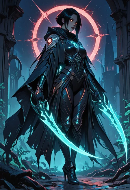 (masterpiece), (best quality), 8k, 1girl, celestial assassin, intense low lighting, glowing crescent blades, dual-wielding, shadowed face, glowing eyes, dark eclipse sky behind her, glowing voidlight aura, mystical sigils on ground, standing on fallen enemy, long flowing cloak fluttering, sci-fi fantasy armor with celestial patterns, moonlit silhouette, cinematic perspective, ethereal particles, solemn expression, radiant eclipse corona, sleek asymmetrical hairstyle, atmosphere of silent finality,
Unique, close up,