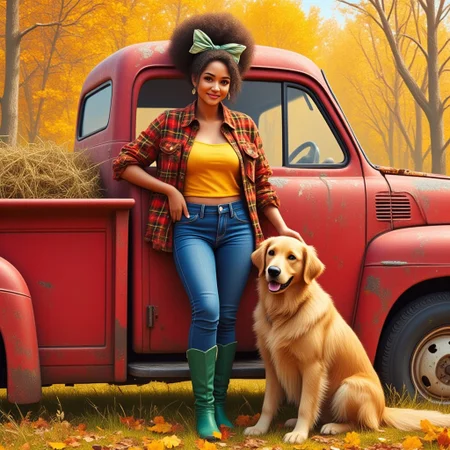 cartoon of a sassy boujee girl with a High messy bun with a fall colored bow in a bright fall plaid t-shirt and blue jeans, green boots leaning on a weathered old red ford truck, next to her is a golden retriever, with a fall background in ultra detail oil, realistic cartoon