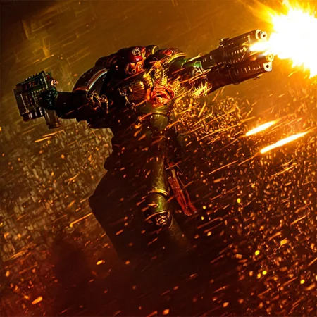 Score_9_up, absurdres, source: GamesWorkshop, grimdark, gothic horror, an adeptus astartes space marine in armor and helmet, he is firing a bolter gun