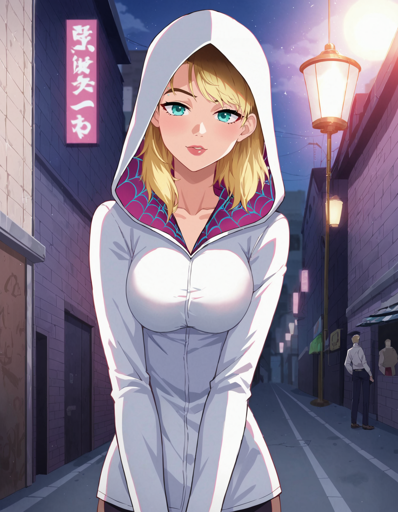 score_9, score_8_up, score_7_up, BREAK
((masterpiece)), ((best quality)), (anime screencap:1.5), Spider-Gwen, Gwen Stacy, white and pink Spider suit, posing in a dynamic stance in a dark alleyway, graffiti on the walls, dimly lit streetlights, detailed urban environment, wind blowing her hood and suit, 2d anime style, intricate details in her suit and the alley, gritty and intense atmosphere, depth of field, volumetric lighting, high dynamic range, sense of action and vigilance